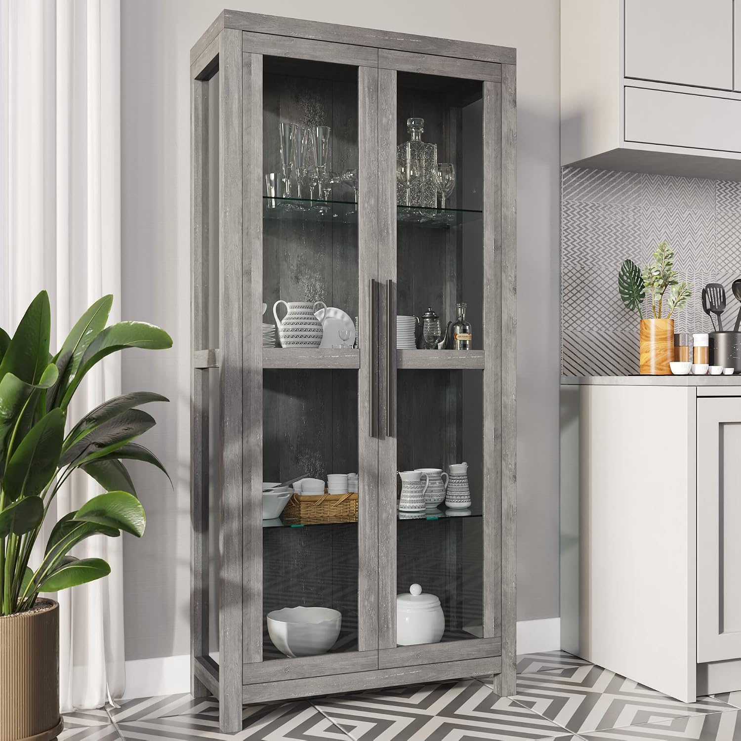 BELLEZE Glass Display Cabinet, Tall Curio Cabinet with Tempered Glass Doors for Living Room, Trophy Display Case - Avalon (Gray Wash)