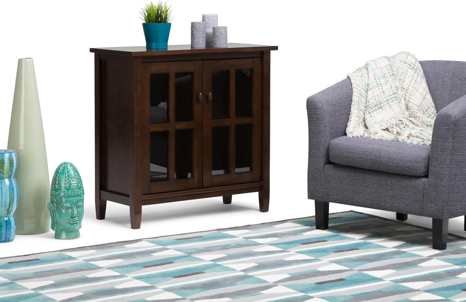 SIMPLIHOME Warm Shaker Storage Cabinet - 32 inch Wide Solid Wood 2-Shelf Low Storage Cabinet in Tobacco Brown, Transitional Accent Cabinet for Entryway with Tempered Glass Doors and Shelves