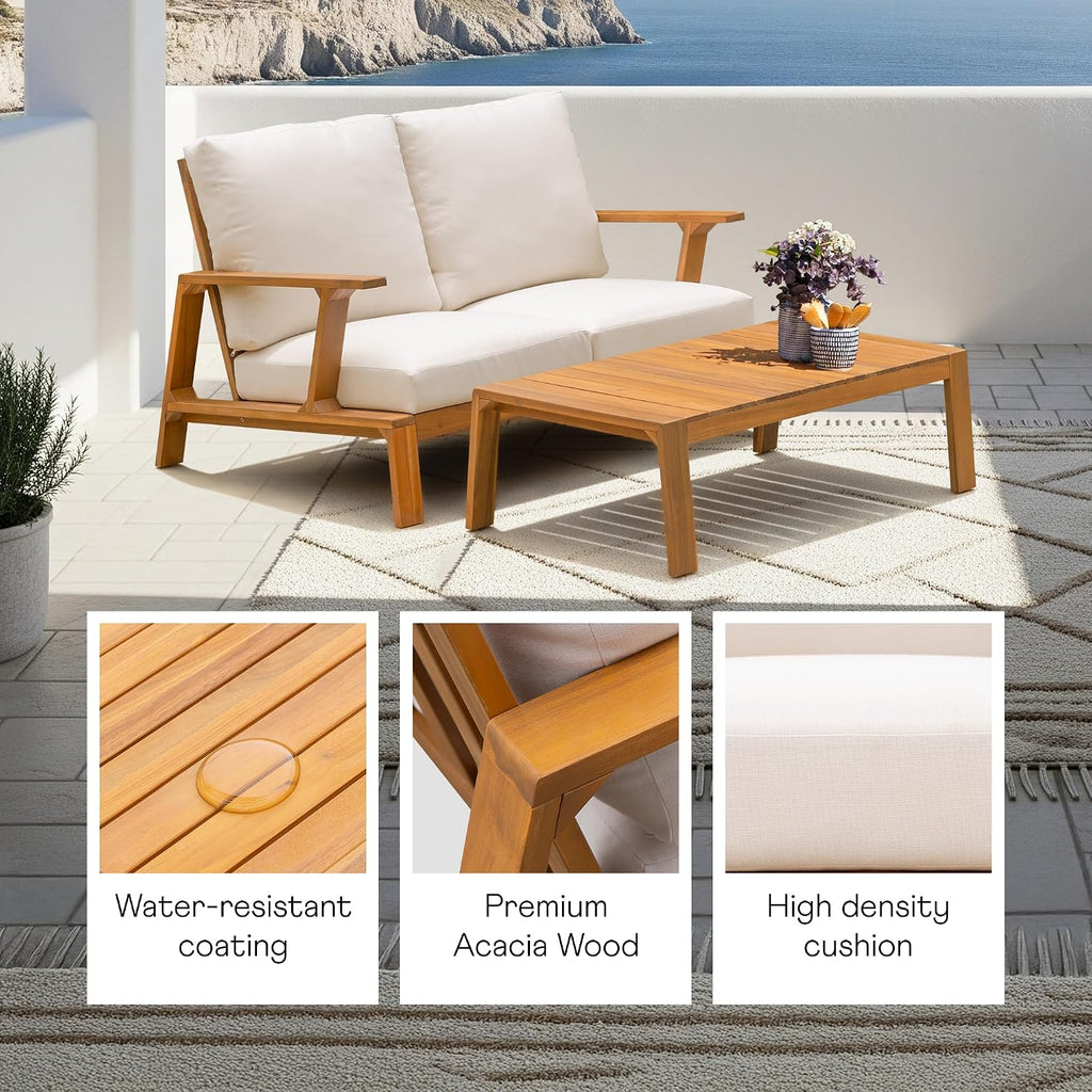Idzo Jasper Solid Acacia Wood Loveseat Patio Set with Beige Cushions & Coffee Table – Modern Outdoor Furniture for Poolside, Garden, or Deck