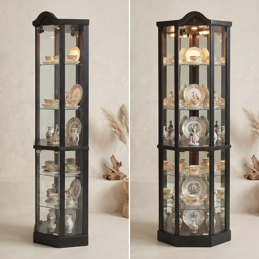 Casaphoria 72' Lighted Corner Curio Cabinet with Glass Doors, Antique Tall Display Cabinet for Collectibles with Arched Carved Crown for Liquor Storage, Living Room (Black)