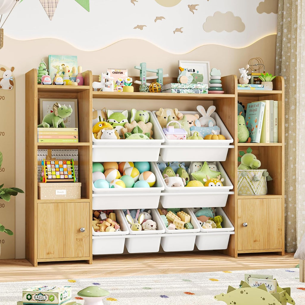 FOTOSOK Toy Storage Organizer with 8 Toy Bins, 55''Large Toy Organizers and Storage with Top Shelf, Toy Storage and Kids Bookshelf with 6 Storage Cubbies, Playroom Storage and Toy Box, Natural