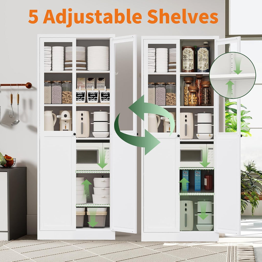 72' Metal Storage Cabinets with 5 Adjustable Shelves 2 Doors(Half Glass Door),White Kitchen Pantry Cabinet,Steel Cupboard Display Cabinets for Kitchen,Living Room,Bathroom,Assembly Required