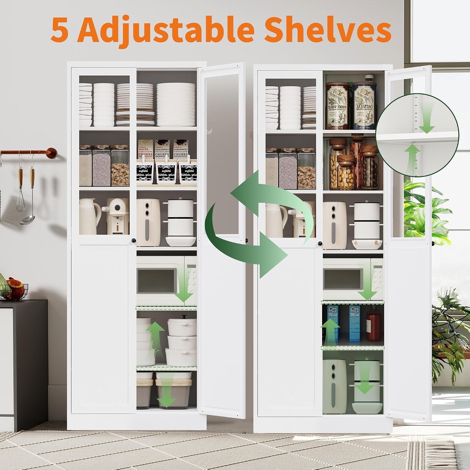 72' Metal Storage Cabinets with 5 Adjustable Shelves 2 Doors(Half Glass Door),White Kitchen Pantry Cabinet,Steel Cupboard Display Cabinets for Kitchen,Living Room,Bathroom,Assembly Required
