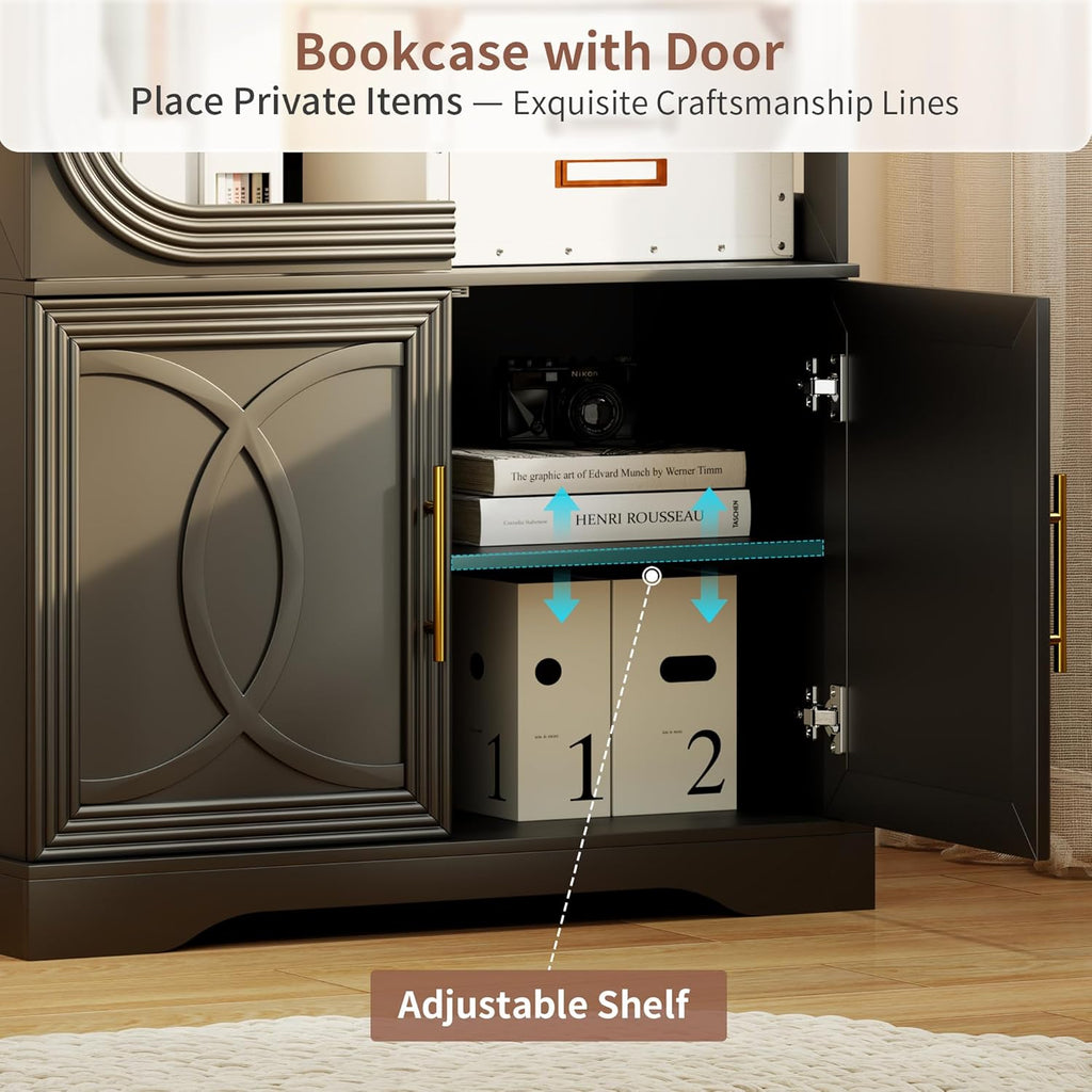 69' Tall Display Cabinet with Glass Doors, Curio Cabinet with 3 LED Lights and Human Body Sensor, Glass Display Case with Storage Cabinet for Living Room, Black