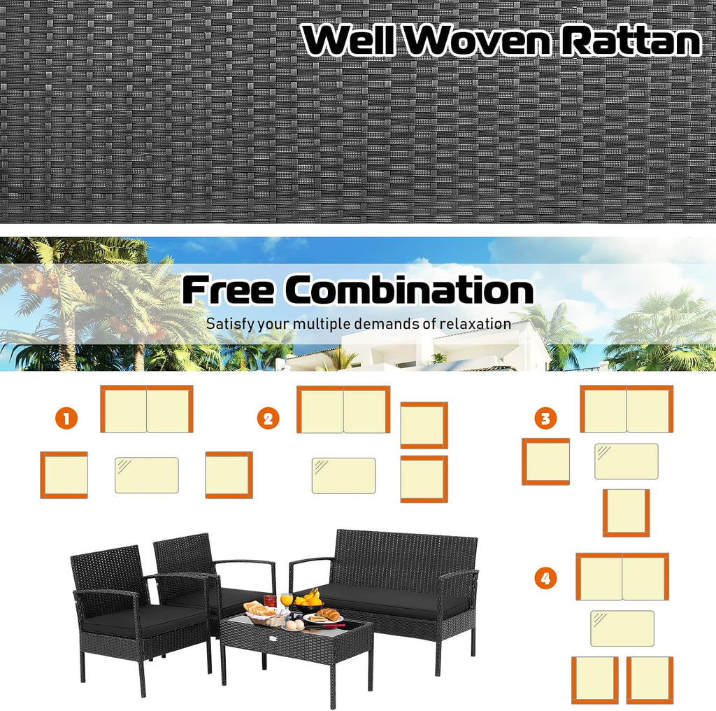 Tangkula 4 Piece Patio Rattan Conversation Set, Outdoor Wicker Furniture Set W/Glass Coffee Table, Solid Steel Structure, Ergonomic Seat, Suitable for Garden, Courtyard, Balcony, Poolside