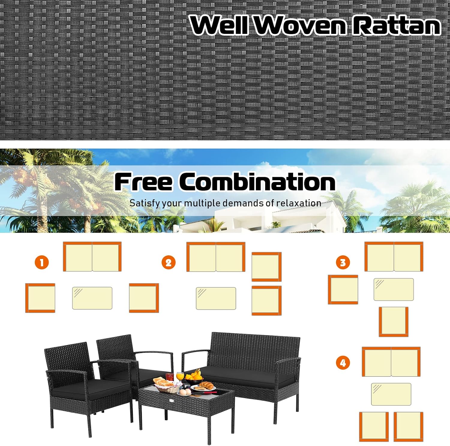 Tangkula 4 Piece Patio Rattan Conversation Set, Outdoor Wicker Furniture Set W/Glass Coffee Table, Solid Steel Structure, Ergonomic Seat, Suitable for Garden, Courtyard, Balcony, Poolside