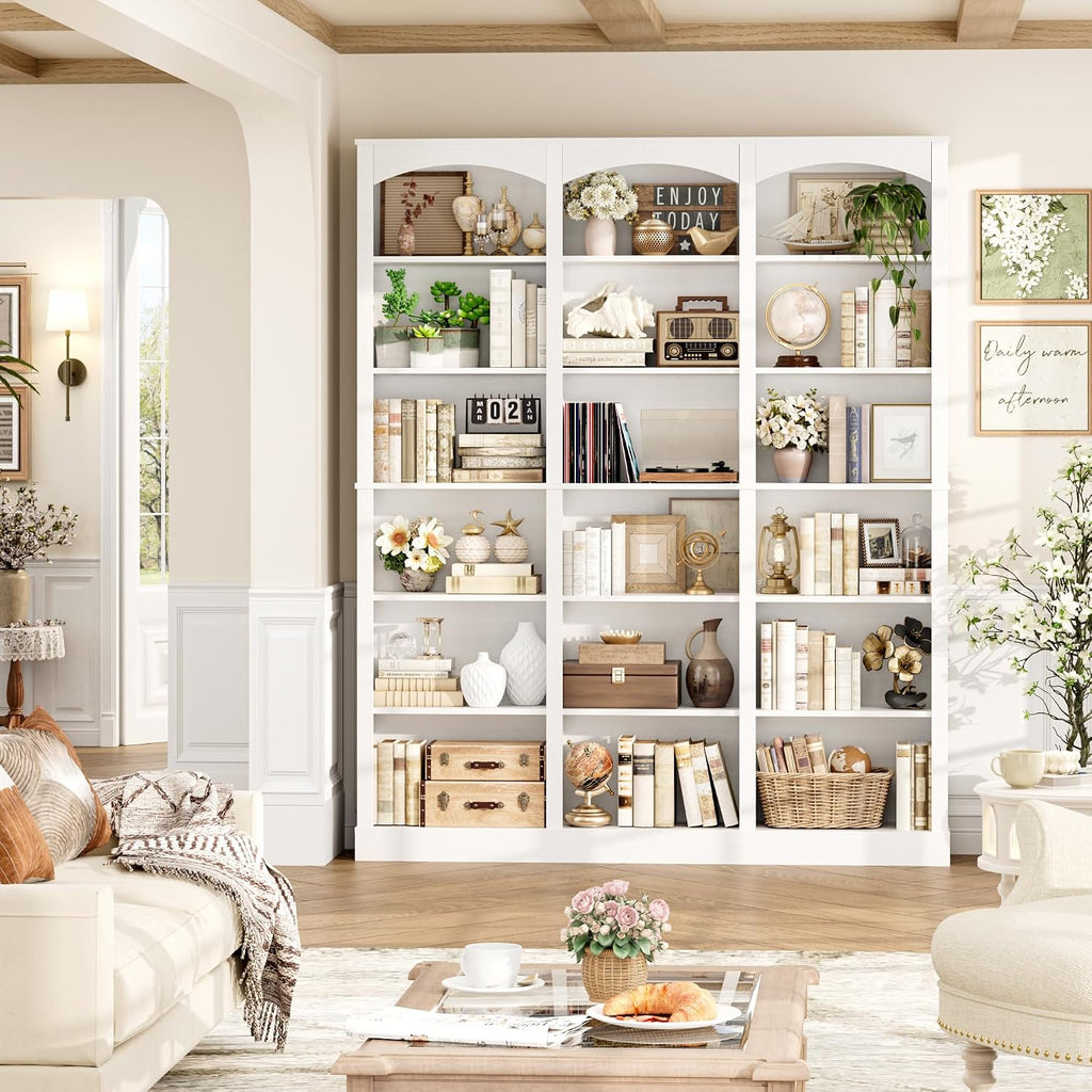 FACBOTALL 71' Triple Wide Bookshelf, 6 Tier Bookcase, Large White Bookshelf with Curved Baffle, 63.4' Wide White Bookcase with 18 Open Display Shelves for Living Room, Study, White