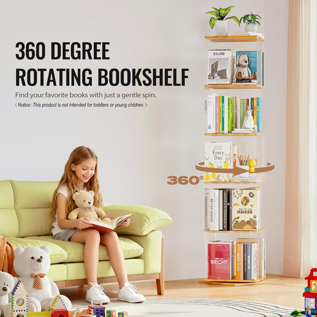 TAKEKIT 5-Tier Rotating Bookshelf, 360° Spinning Book Shelf Tower with Solid Wood & Clear Acrylic, Square Revolving Bookcase for Kids Room, Living Room, Bedroom and Office