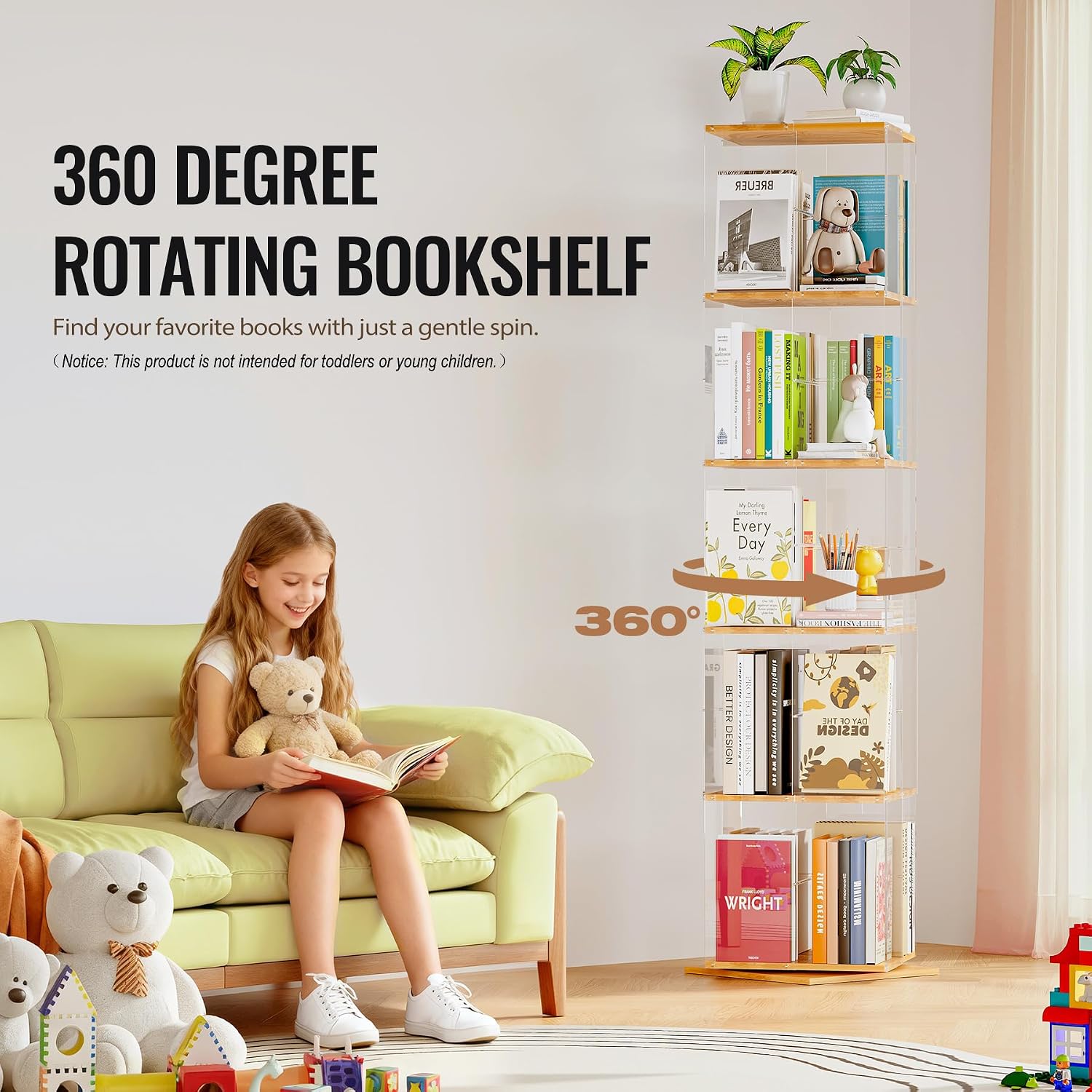 TAKEKIT 5-Tier Rotating Bookshelf, 360° Spinning Book Shelf Tower with Solid Wood & Clear Acrylic, Square Revolving Bookcase for Kids Room, Living Room, Bedroom and Office