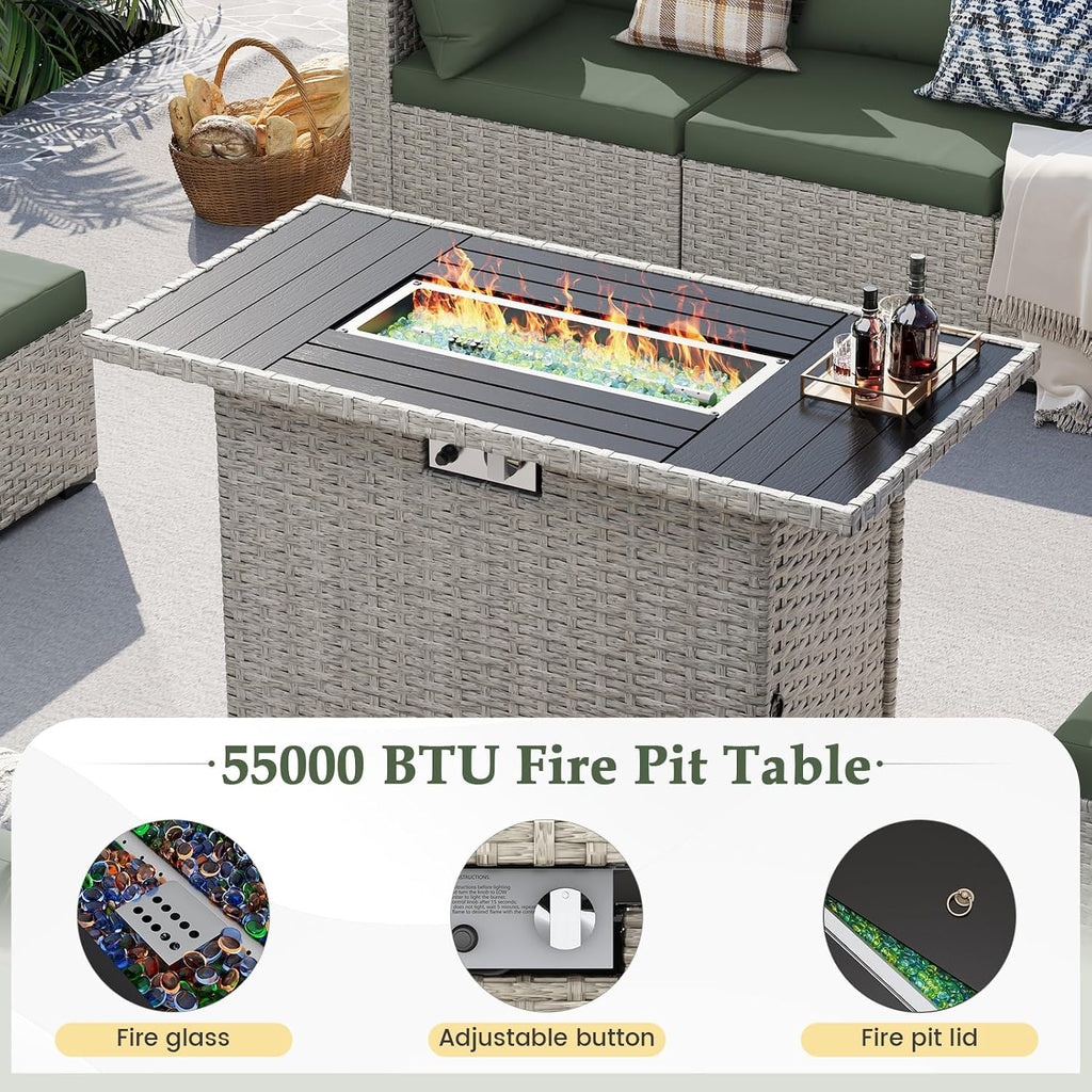 UDPATIO Patio Furniture Set with Fire Pit Table, 8 Pieces Outdoor Sectional Sofa, PE Wicker Patio Conversation Set for Garden, Backyard Green
