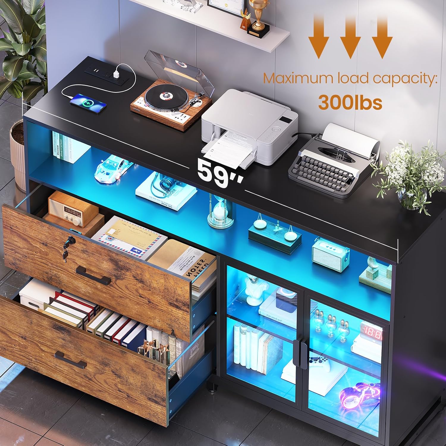 SEDETA 59' File Cabinet, 2 Drawers Filing Cabinets for Home Office fit Legal/Letter/A4 File, File Cabinet with Lock & Power Outlets, Printer Stand with Storage & LED Lights, Rustic Brown