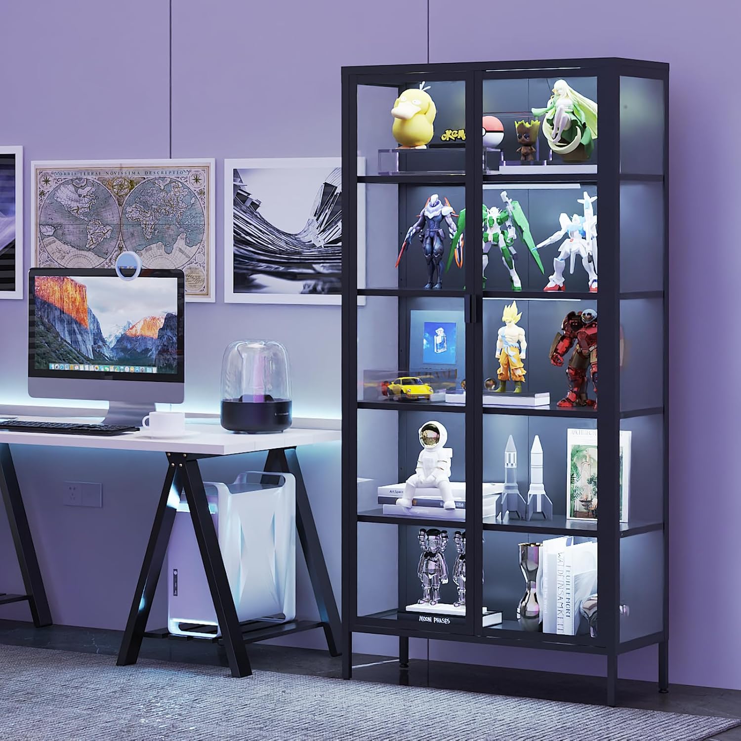 71' H Display Cabinet with Glass Doors,Display Case with LED Sensor Lights,Glass Display Cabinet with Adjustable Shelves and Feet,Display Cabinets for Living Room/Bedroom/Kitchen