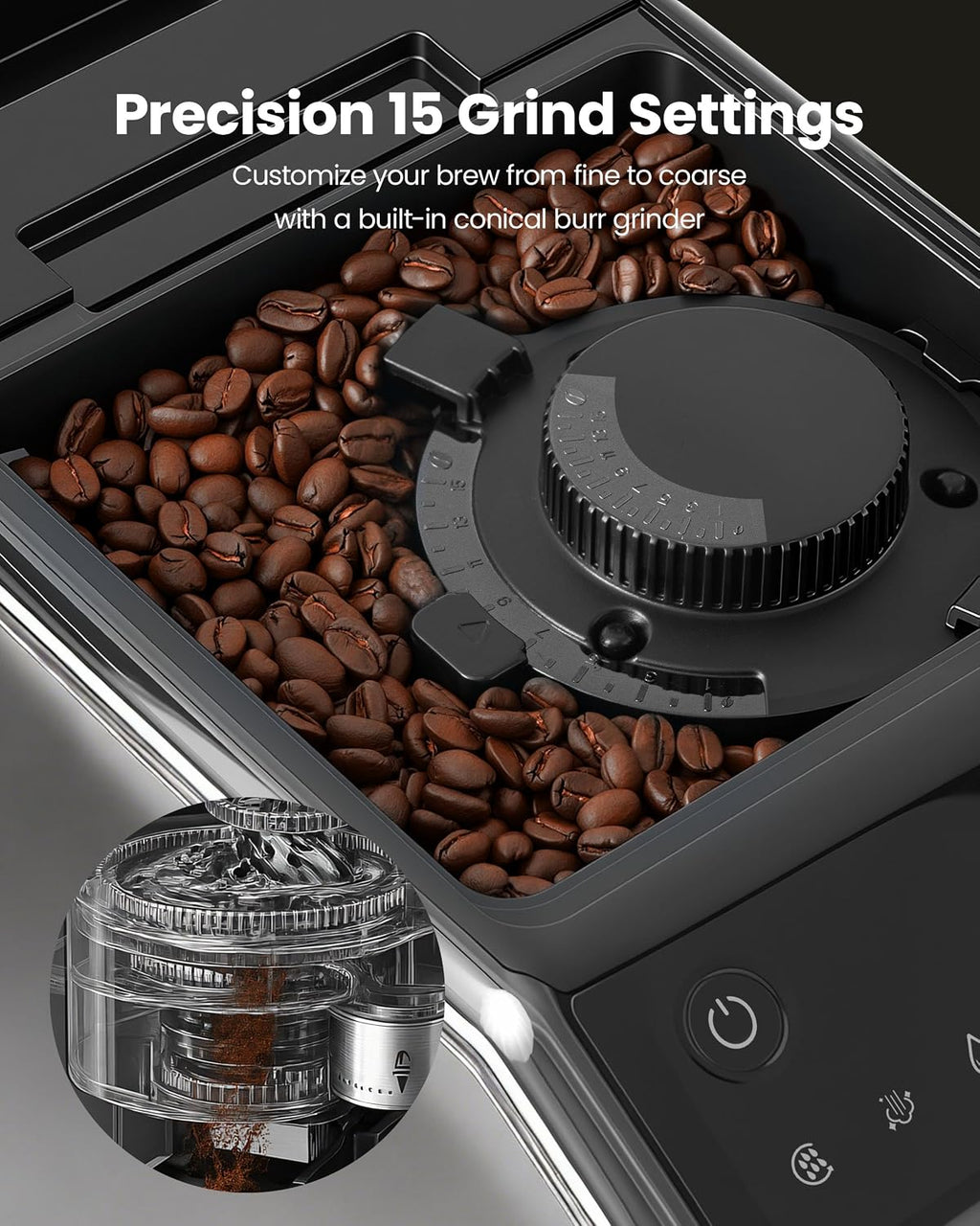 Automatic Espresso Machine, 20 Bar Espresso Maker with Touch Control, 15-Grind Settings Super Automatic Coffee Machine with Integrated Milk Frother, Auto Self-Cleaning