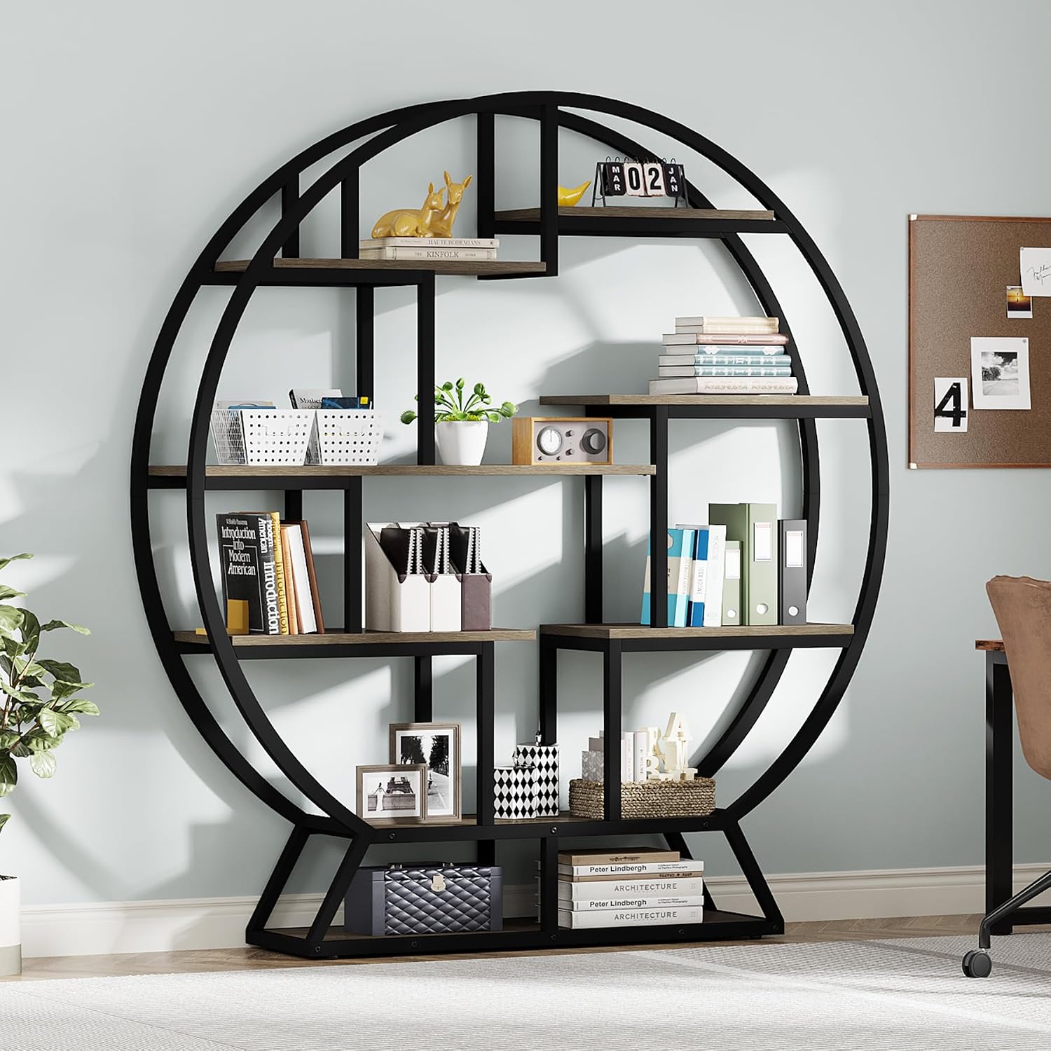 Tribesigns Bookshelf, Round Bookshelves Etagere Bookcase, 63 Inch Industrial Wood Book Shelf with Staggered Shelves, Open Shelving Organizer Rack Display Shelf for Home Office, Living Room, Grey
