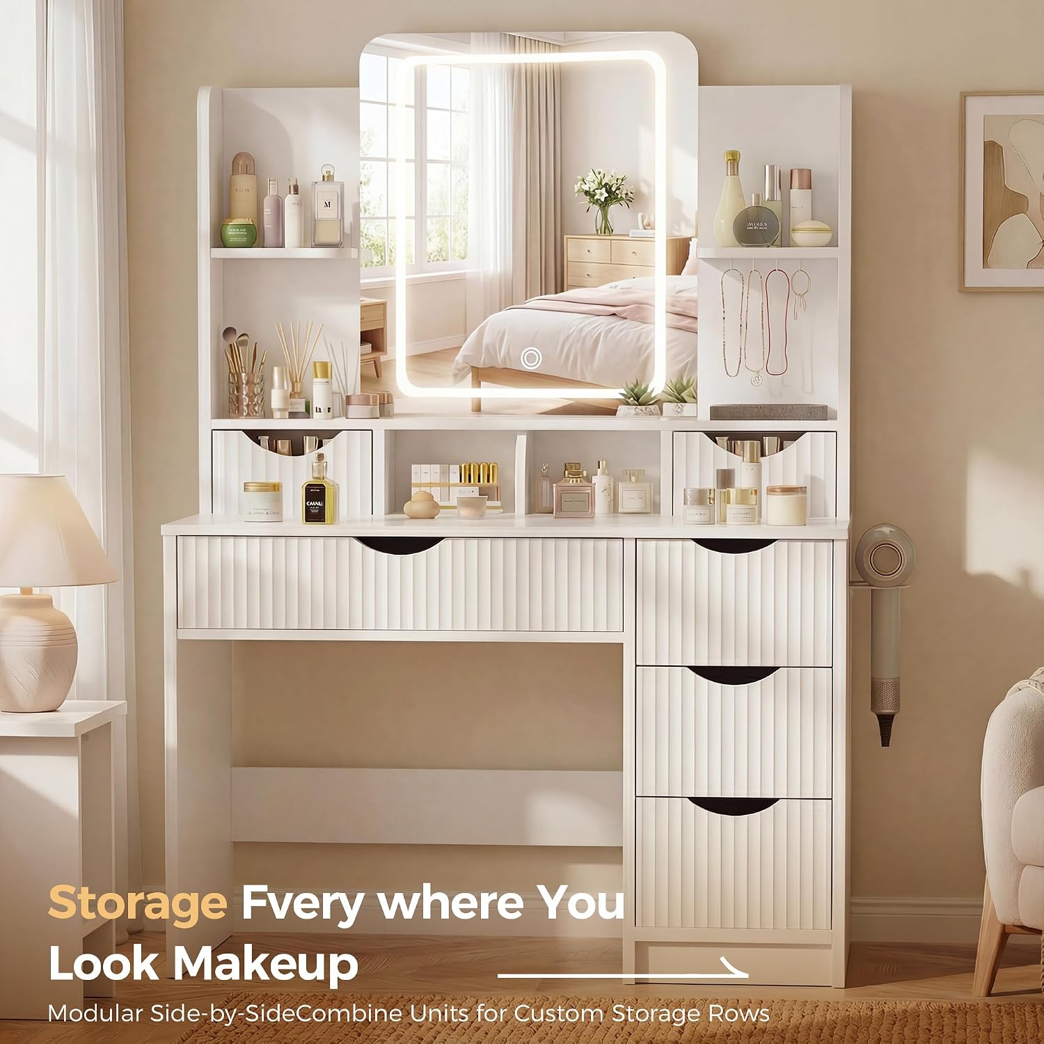 Vanity Desk with Mirror and Lights, Makeup Vanity Table with Large 6 Drawers Modern Fluted Wooden Dressing Table with Jewelry Hook 3 Color Modes Adjustable LED Mirror for Women Girls Bedroom or Dorm