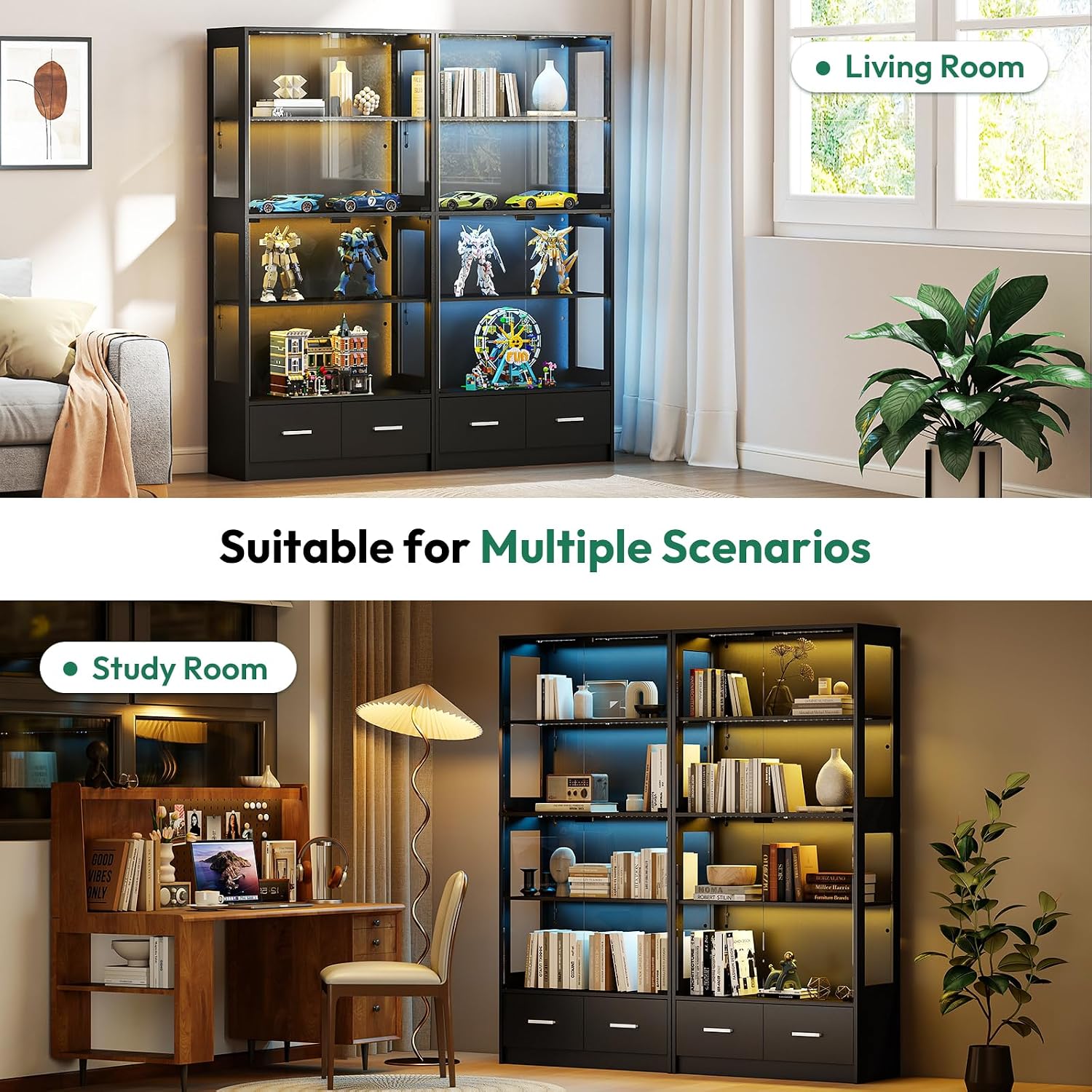 Lamtor 67-inch Glass Display Cabinet – Curio Cabinet with RGB LED Lights, 2 Drawers & Anti-Tip Design for Collectibles, Figures, Living Room | Black
