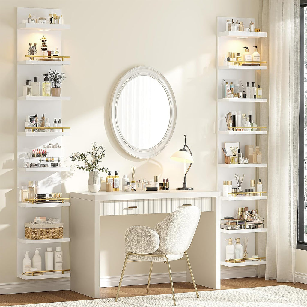 REIBII 8 Tier Wall Shelf Unit, 2-Pack White Floating Shelves with LED Light, Multi-Functional Versatile Shelves for Dressing Room Bedroom Living Room Office