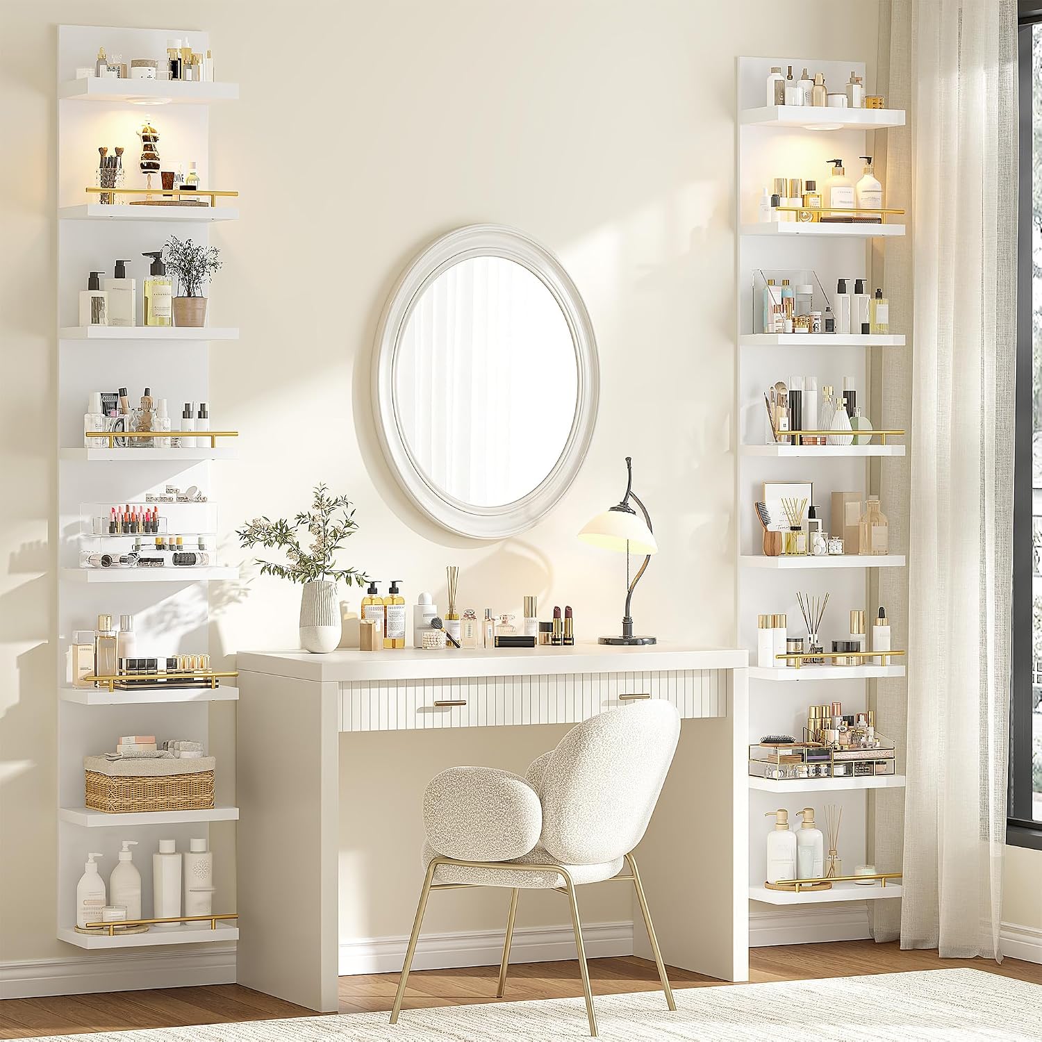 REIBII 8 Tier Wall Shelf Unit, 2-Pack White Floating Shelves with LED Light, Multi-Functional Versatile Shelves for Dressing Room Bedroom Living Room Office