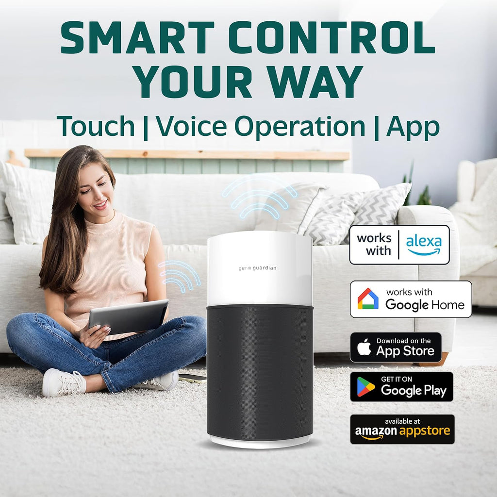 GermGuardian AirSafe+ XL Smart Air Purifier for Home 360° True HEPA Filter, UV-C, WiFi/App Enabled, Air Quality Monitor, Large Rooms Up to 1680 Sq Ft, For Smoke, Dust, Pet Dander, Black/White, AC3250