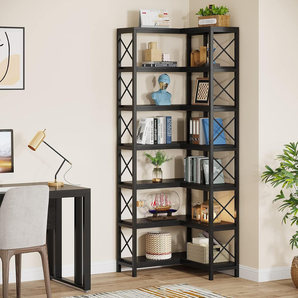 LITTLE TREE 79 inches Tall Bookshelf Bookcase, 7-Tier Corner Book Shelf, Modern Freestanding Open Book Shelves, Black Shelving Unit Display Shelf for Living Room