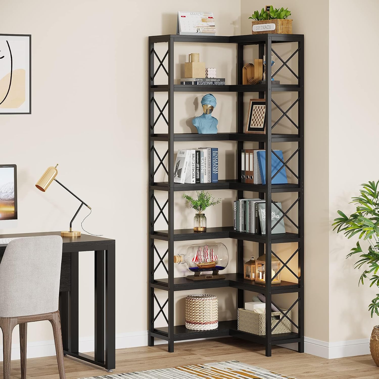 LITTLE TREE 79 inches Tall Bookshelf Bookcase, 7-Tier Corner Book Shelf, Modern Freestanding Open Book Shelves, Black Shelving Unit Display Shelf for Living Room