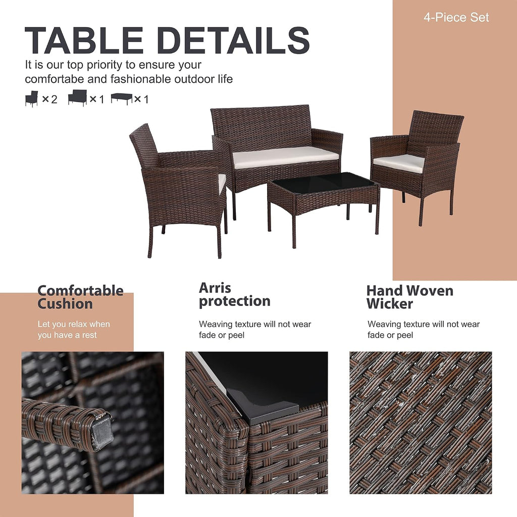 Shintenchi 4 Piece Outdoor Patio Furniture Set, Wicker Rattan Patio Conversation Set, Outdoor Chairs and Loveseat with Coffee Table for Porch, Yard & Poolside (Brown)