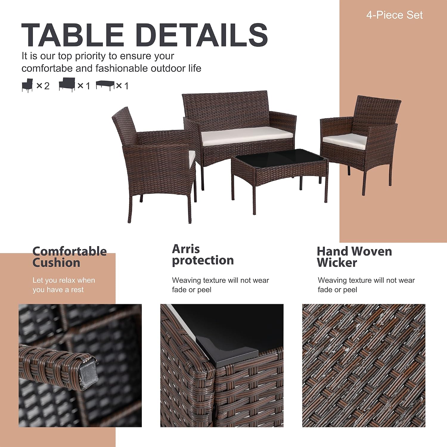 Shintenchi 4 Piece Outdoor Patio Furniture Set, Wicker Rattan Patio Conversation Set, Outdoor Chairs and Loveseat with Coffee Table for Porch, Yard & Poolside (Brown)