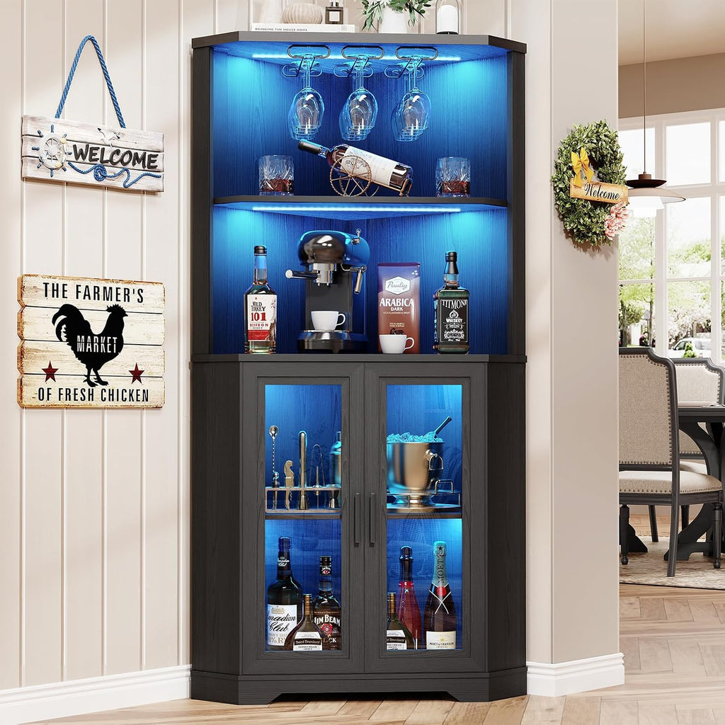 Corner Bar Cabinet with LED Lights, 65' Tall Wine Cabinet with Glass Holder & Tempered Glass Door, 4-Tier Liquor Alcohol Cabinet & Coffee Bar with Human Body Sensor for Dining Room, Black