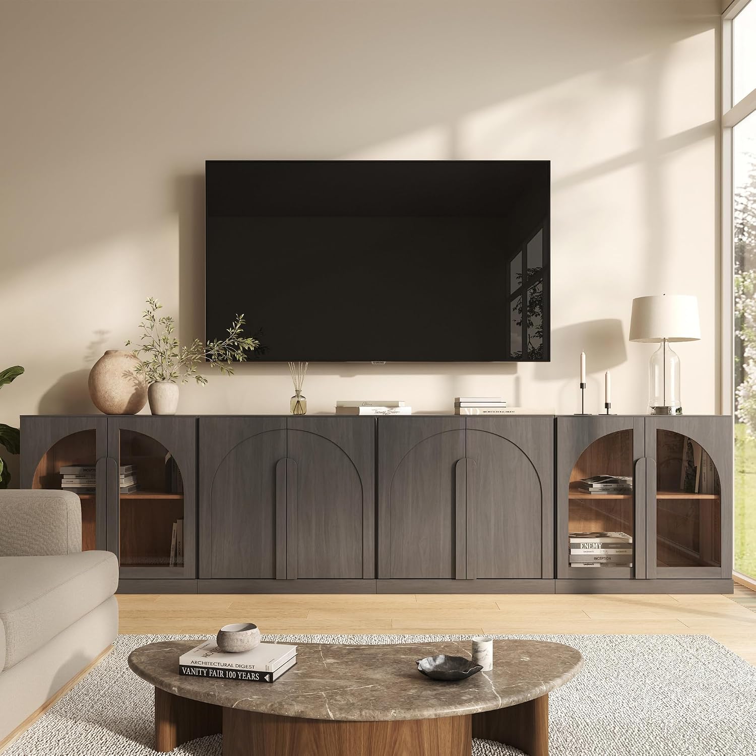 BELLEZE 4-Piece Modular Sideboard Buffet Cabinet, Set of 2 Arched Wood Door Cabinet and Glass Door Storage with Adjustable Shelf, Large Console Credenza for Living Room Kitchen, Ebony