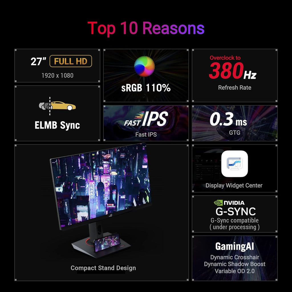 ASUS ROG Strix 27' 1080P USB-C Gaming Monitor (XG279CNS) - Full HD, IPS, 380Hz, 0.3ms, Extreme Low Motion Blur Sync, DisplayHDR™ 400, Tripod Socket, DisplayWidget Center, 3 yr Warranty