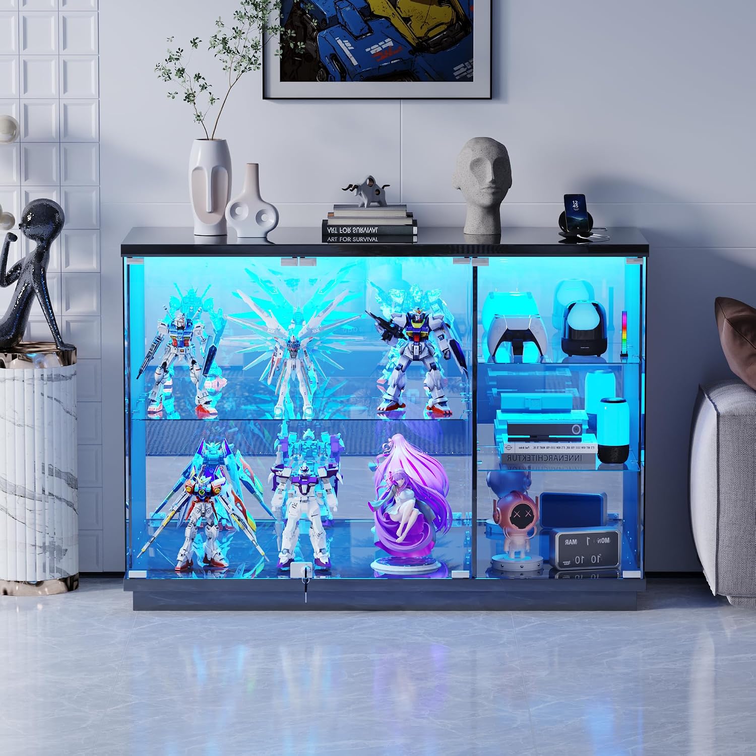 Lvifur High Gloss Display Cabinet - with Lock & LED Light, Curio Cabinet with Human Body Sensor & Glass Shelves for Toys, Books, Collectibles, Liquor, Bookcase for Living Room, Kitchen, Study, Black