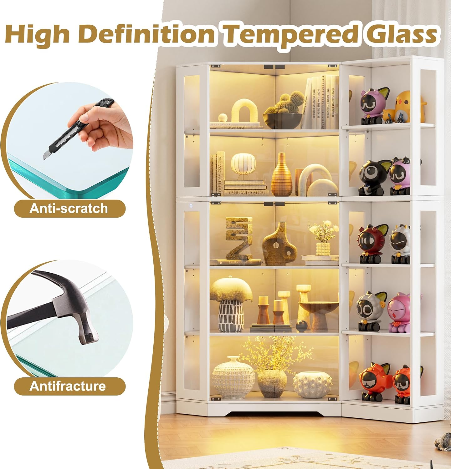PAKASEPT Corner Display Curio Cabinet with Glass Doors, Glass Display Case with LED Lights for Collectibles,Display Storage Shelves for Living Room,White