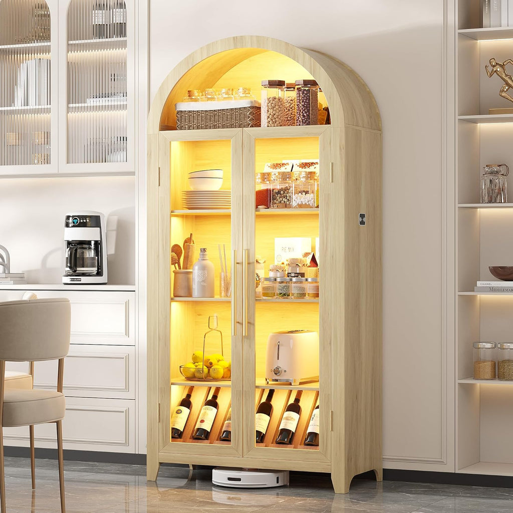 Vlsrka 71' Arched Kitchen Pantry Storage Cabinet with Glass Doors, 5-Tier Display Cabinet for Collectibles, Tall Bookcase with LED Light & Human Sensor, Curio Cabinet with Adjustable Shelf