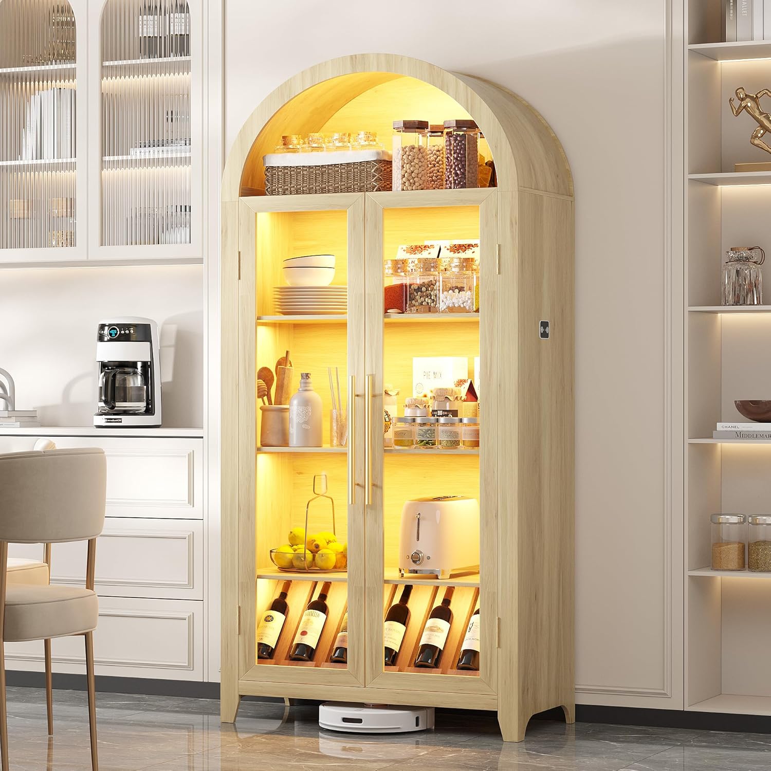 Vlsrka 71' Arched Kitchen Pantry Storage Cabinet with Glass Doors, 5-Tier Display Cabinet for Collectibles, Tall Bookcase with LED Light & Human Sensor, Curio Cabinet with Adjustable Shelf