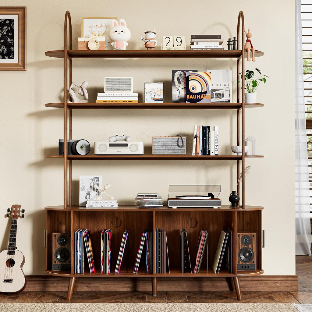Tall Large Vinyl Record Player Stand, Fluted Long Record Storage Cabinet with Sliding Doors, Mid Century Modern Bookshelf, 4 Tier Media Display Shelf, Arched Turntable Stand for Living Room, Walnut