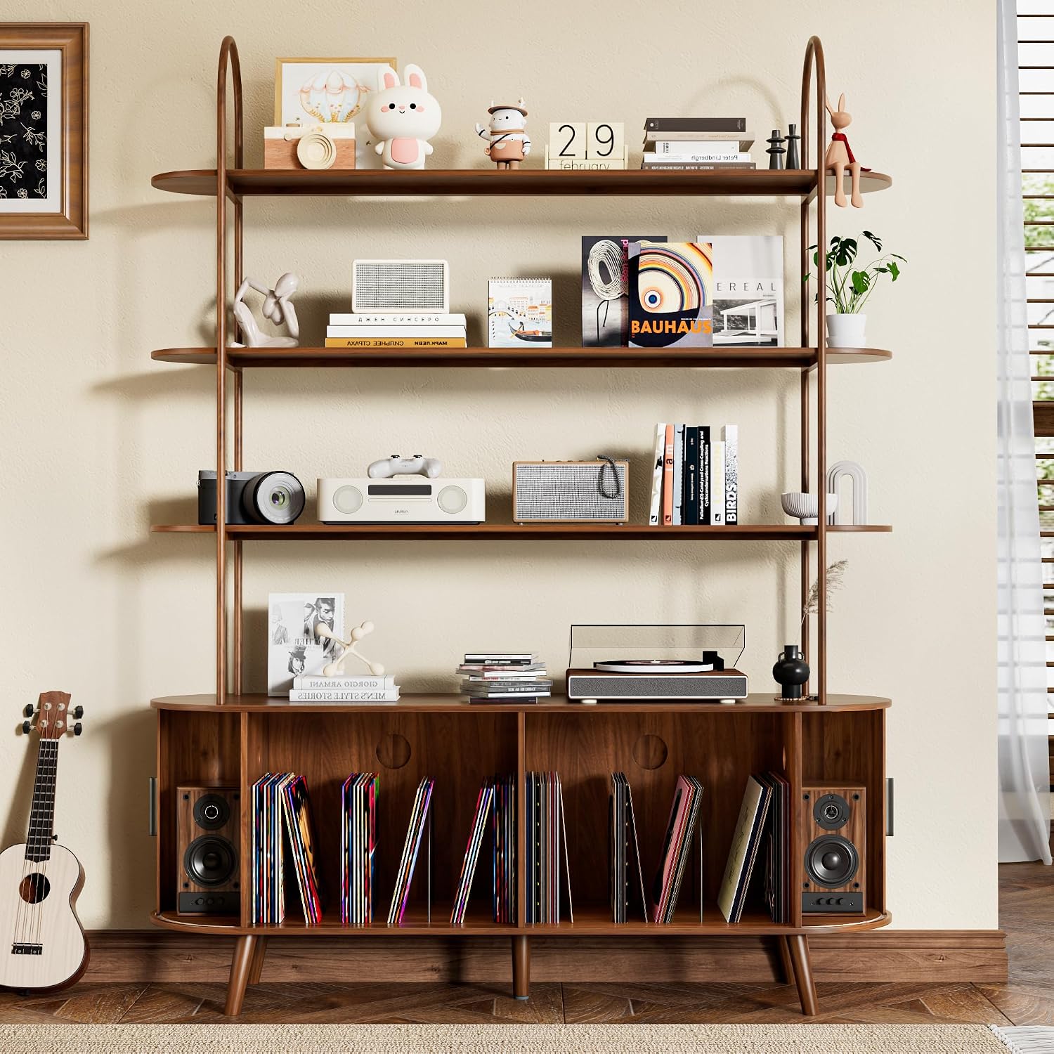 Tall Large Vinyl Record Player Stand, Fluted Long Record Storage Cabinet with Sliding Doors, Mid Century Modern Bookshelf, 4 Tier Media Display Shelf, Arched Turntable Stand for Living Room, Walnut