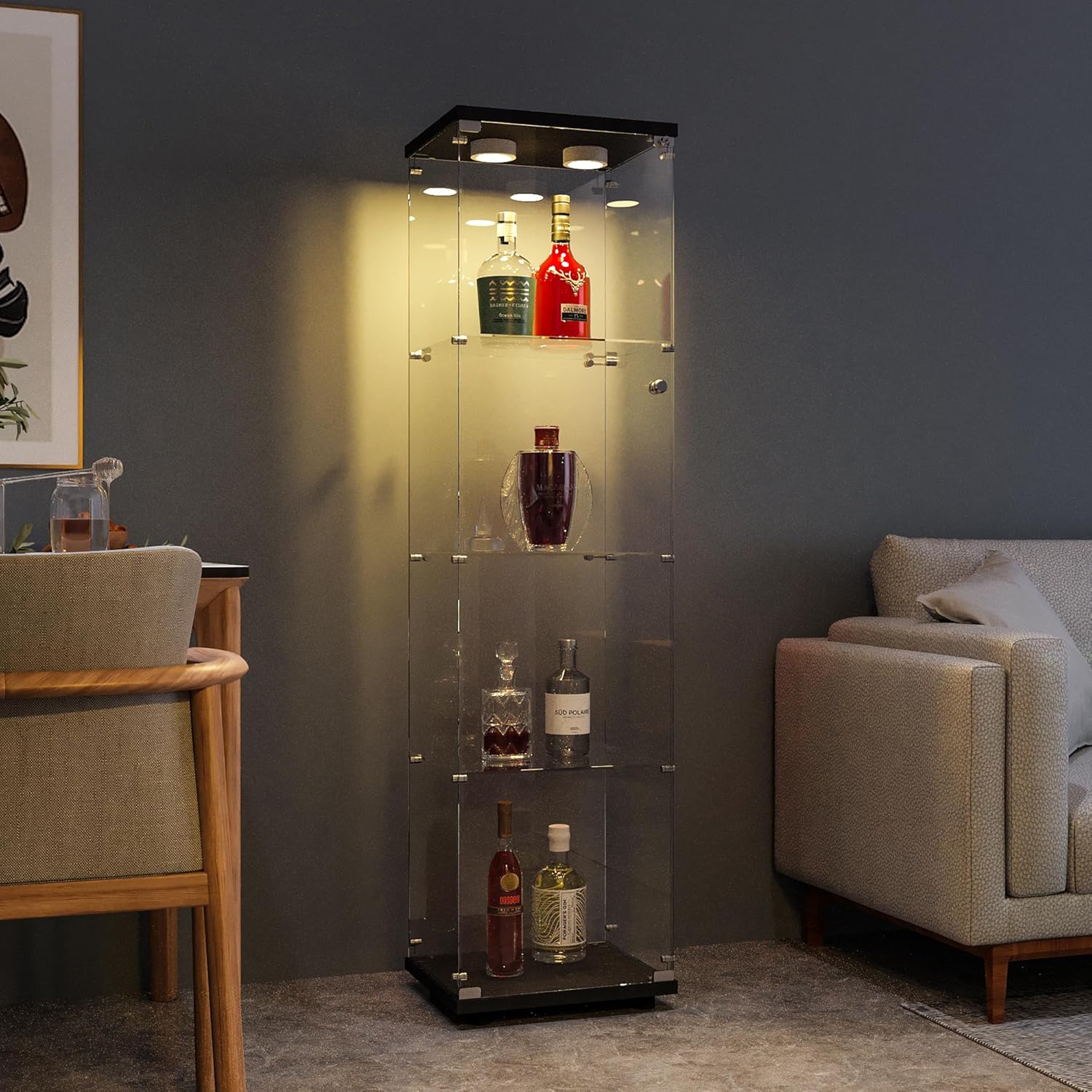 FANYUSHOW Display Cabinet with Glass Door and LED Light, 4-Tier Tempered Glass Display Shelf, Glass Curio Cabinet Collection Display Case, Display Case Cabinet, Black 64.7' H x 16.7' L x 14.37' W