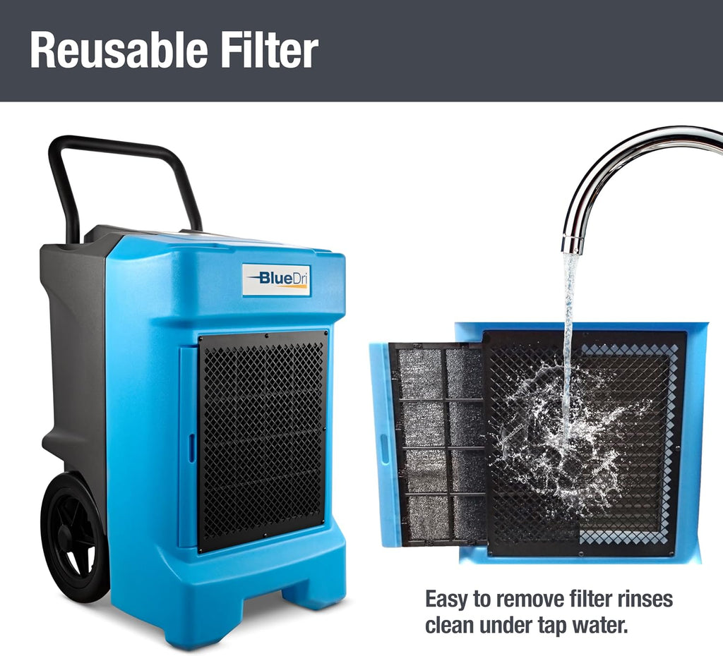 BlueDri BD-BD-130-BL Industrial Commercial Dehumidifier with Hose for Basements in Homes and Job Sites, Blue