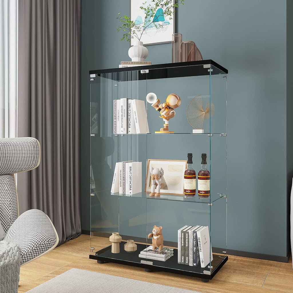Beauty4U 2 Doors Glass Display Cabinet with 3 Shelves, Curio Cabinets for Living Room, Bedroom, Office, Black Floor Standing Glass Bookshelf, Quick Installation