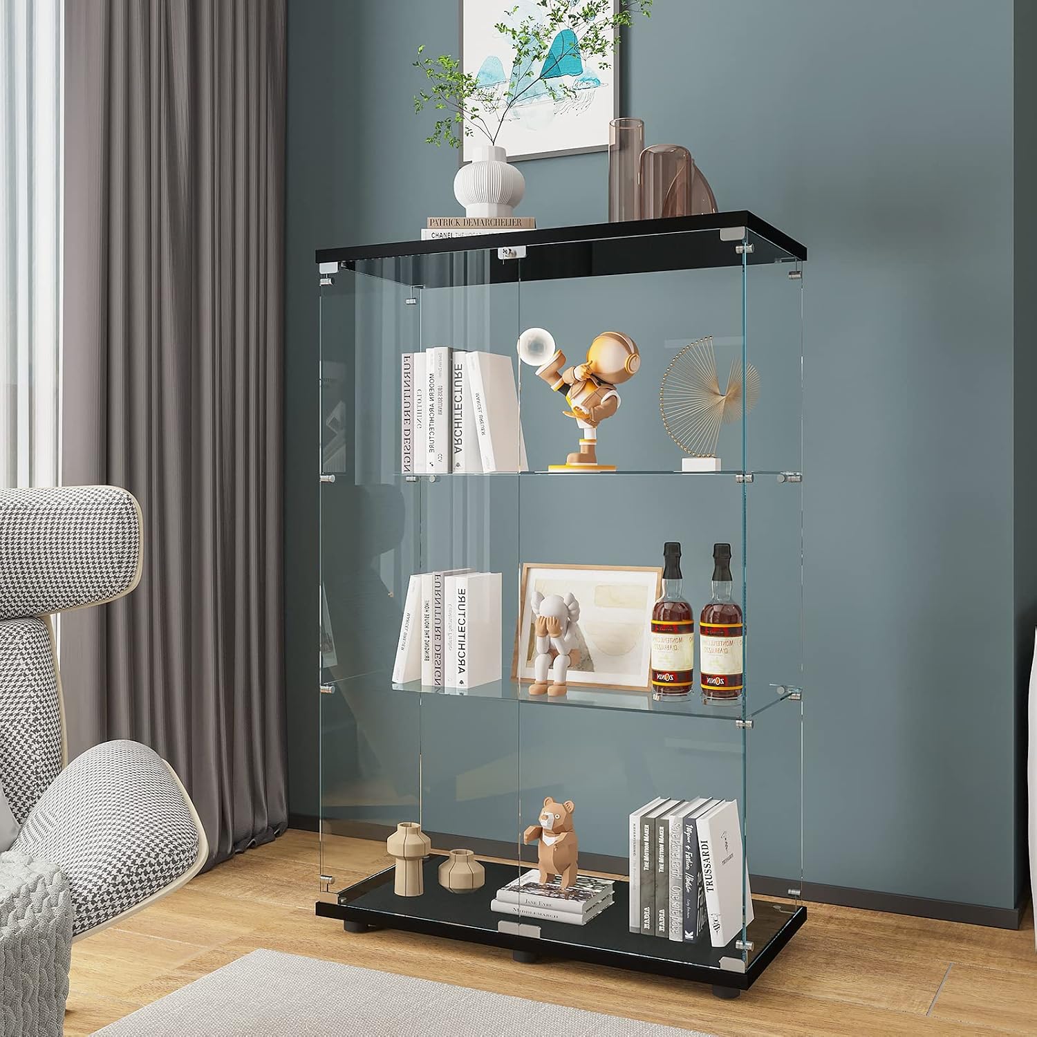 Beauty4U 2 Doors Glass Display Cabinet with 3 Shelves, Curio Cabinets for Living Room, Bedroom, Office, Black Floor Standing Glass Bookshelf, Quick Installation