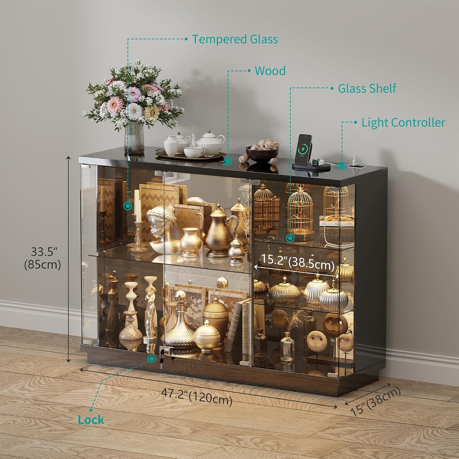 HNEBC Display Curio Cabinet - with Glass Door,47.2' W Lockable Glass Display Cabinet with LED Lights for Collectibles,5-Tier Lighted Display Case with Motion Sensor,Living Room,Black