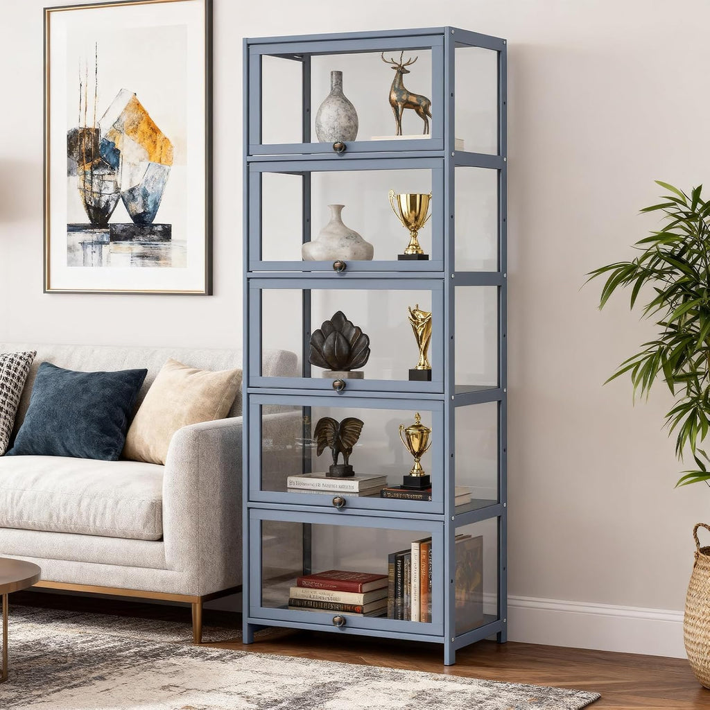 Magshion Display Cabinet, 5-Tier Curio Cabinet with Acrylic Doors, 67.5' Tall Curio Display Case, Showcase, Corner Shelf for Living Room, Bedroom, Playroom, Grey, 12.5' D x 23' W x 67.5' H