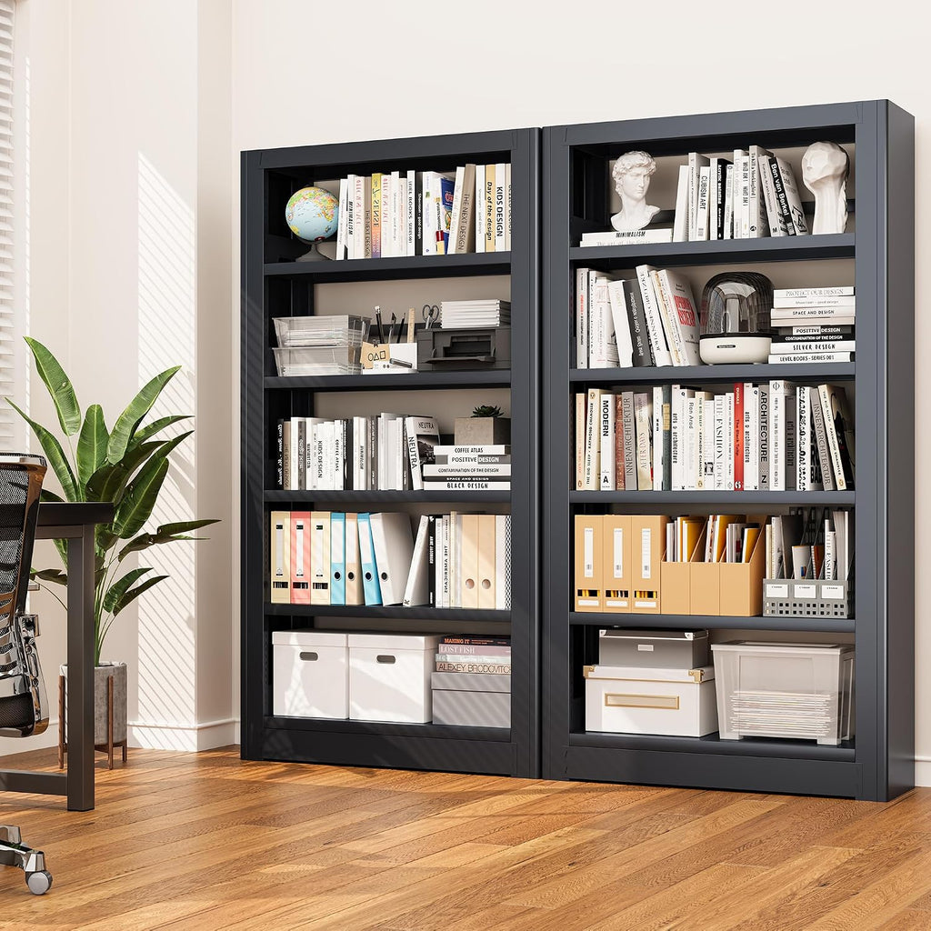Large Metal Bookcase, 69' Modular Bookshelf with Storage, 5 Tier Bookcase with Adjustable Shelves, Extra Tall Book Shelves, Modern Book Case for Library, Office, Entryway, Living Room（Black）