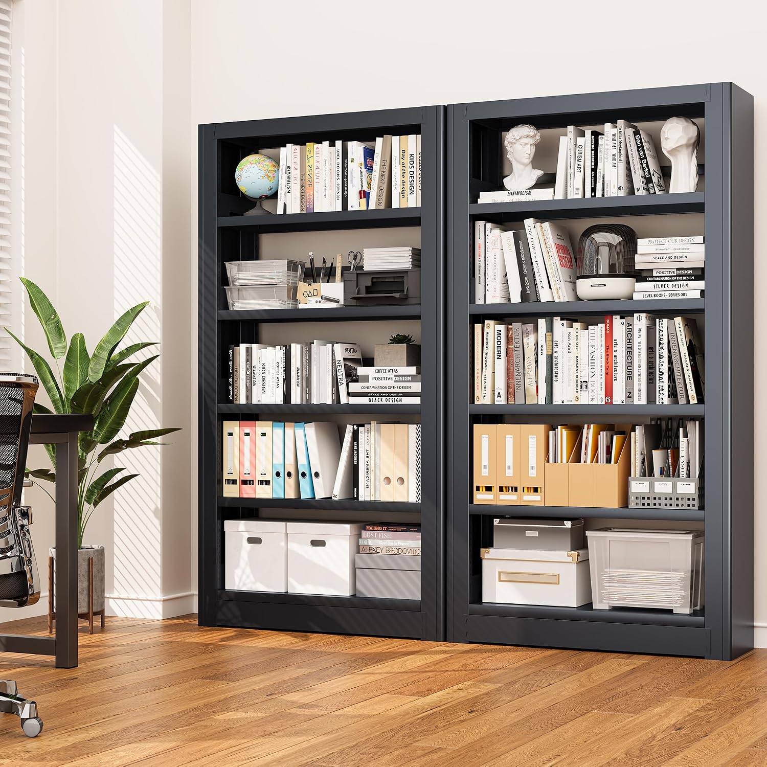 Large Metal Bookcase, 69' Modular Bookshelf with Storage, 5 Tier Bookcase with Adjustable Shelves, Extra Tall Book Shelves, Modern Book Case for Library, Office, Entryway, Living Room（Black）