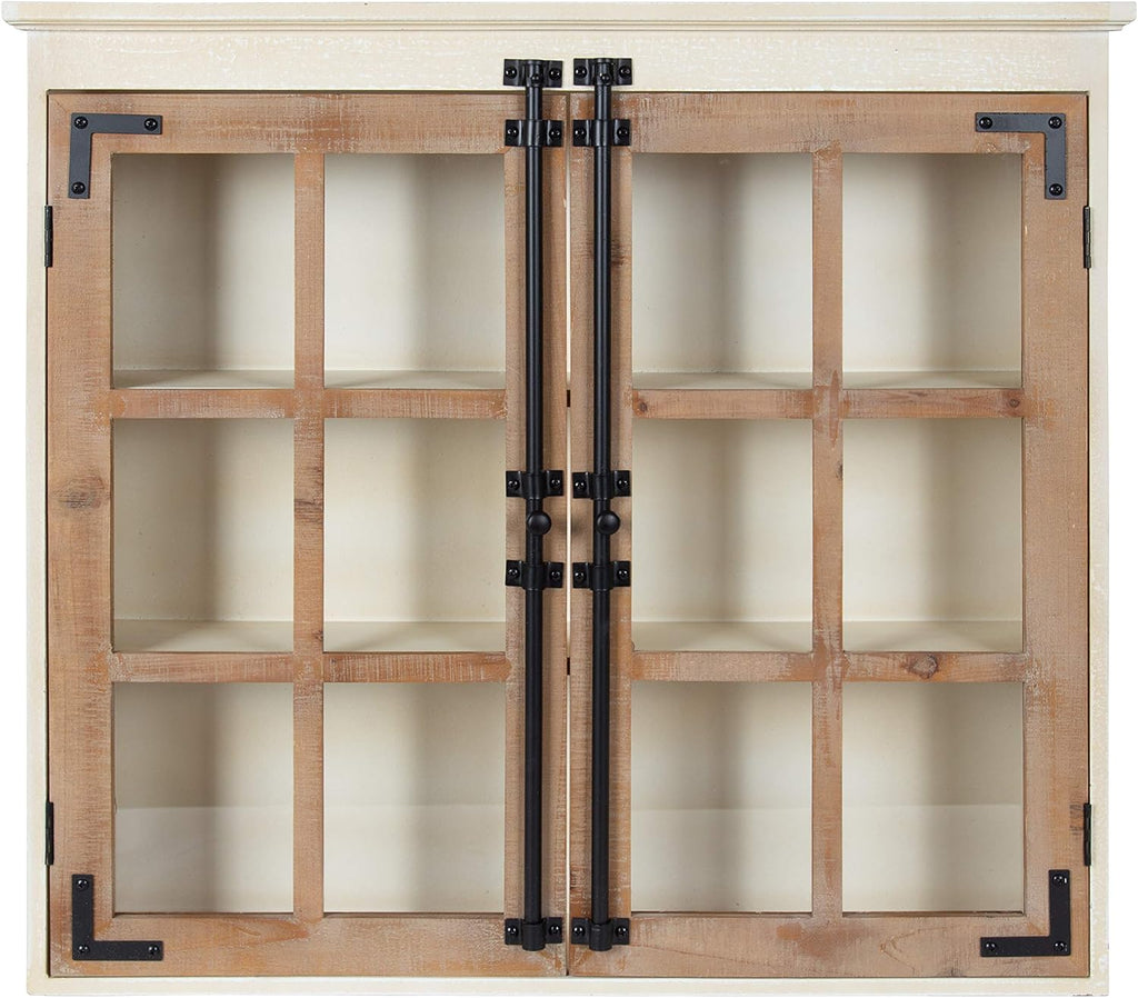 Kate and Laurel Hutchins Decorative Farmhouse Wood Wall Cabinet, 30 x 6.5 x 27.5, White and Brown, Wall Cabinet with Window Pane Glass Door