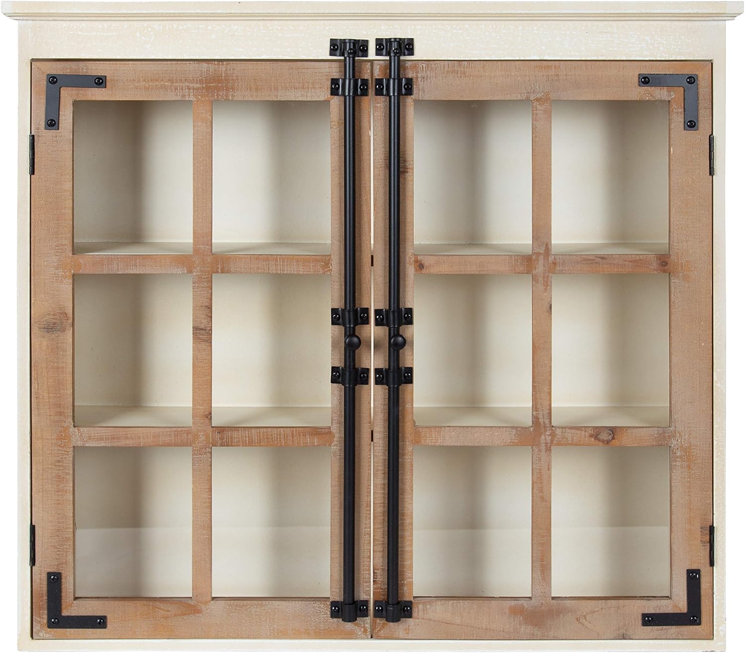 Kate and Laurel Hutchins Decorative Farmhouse Wood Wall Cabinet, 30 x 6.5 x 27.5, White and Brown, Wall Cabinet with Window Pane Glass Door
