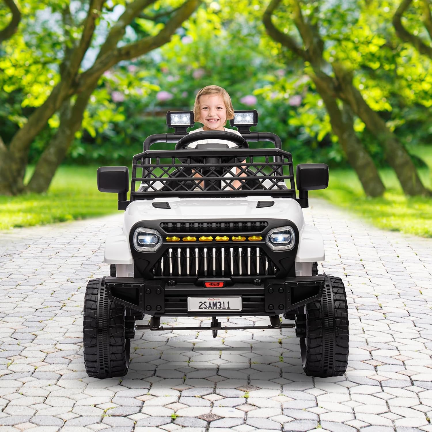 12V Ride On Car for Kids Electric Vehicle Toddlers Battery Powered Truck Car Toy with Remote Control, 4-Wheel Suspension, Battery Display, LED Lights, Music, for Boys Girls, White