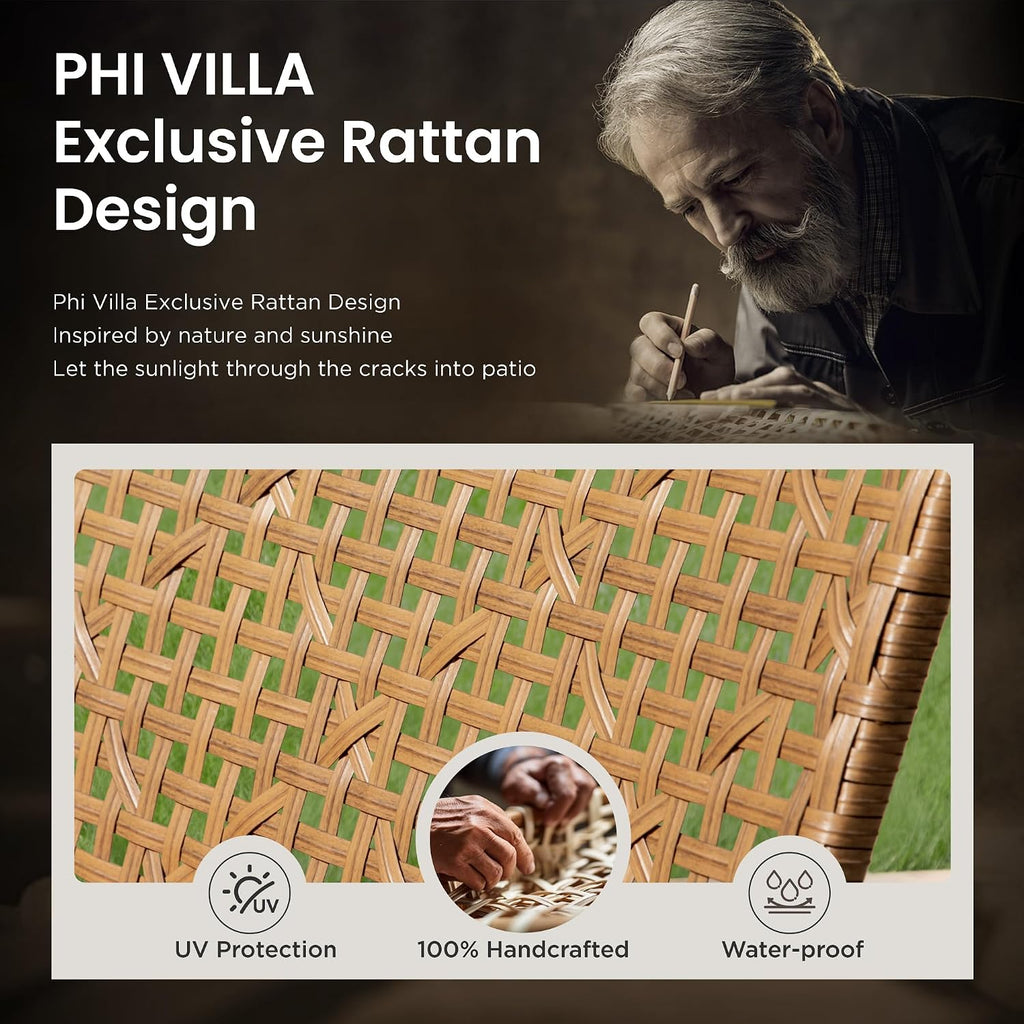 PHI VILLA Patio Wicker Furniture Set for 4, Brown Rattan Loveseat & Chairs with Red Cushions & Acacia Wood Coffee Table, Outdoor Modern Conversation Sofa Set for Deck, Yard, Porch