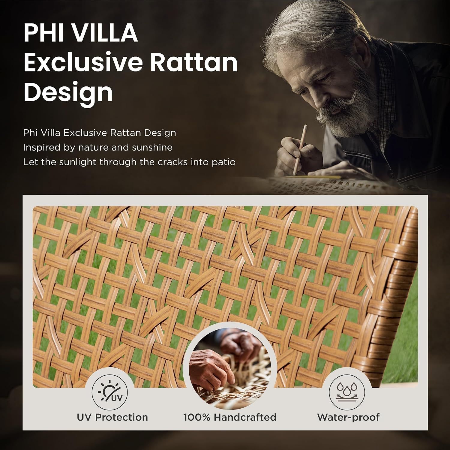 PHI VILLA Patio Wicker Furniture Set for 4, Brown Rattan Loveseat & Chairs with Red Cushions & Acacia Wood Coffee Table, Outdoor Modern Conversation Sofa Set for Deck, Yard, Porch
