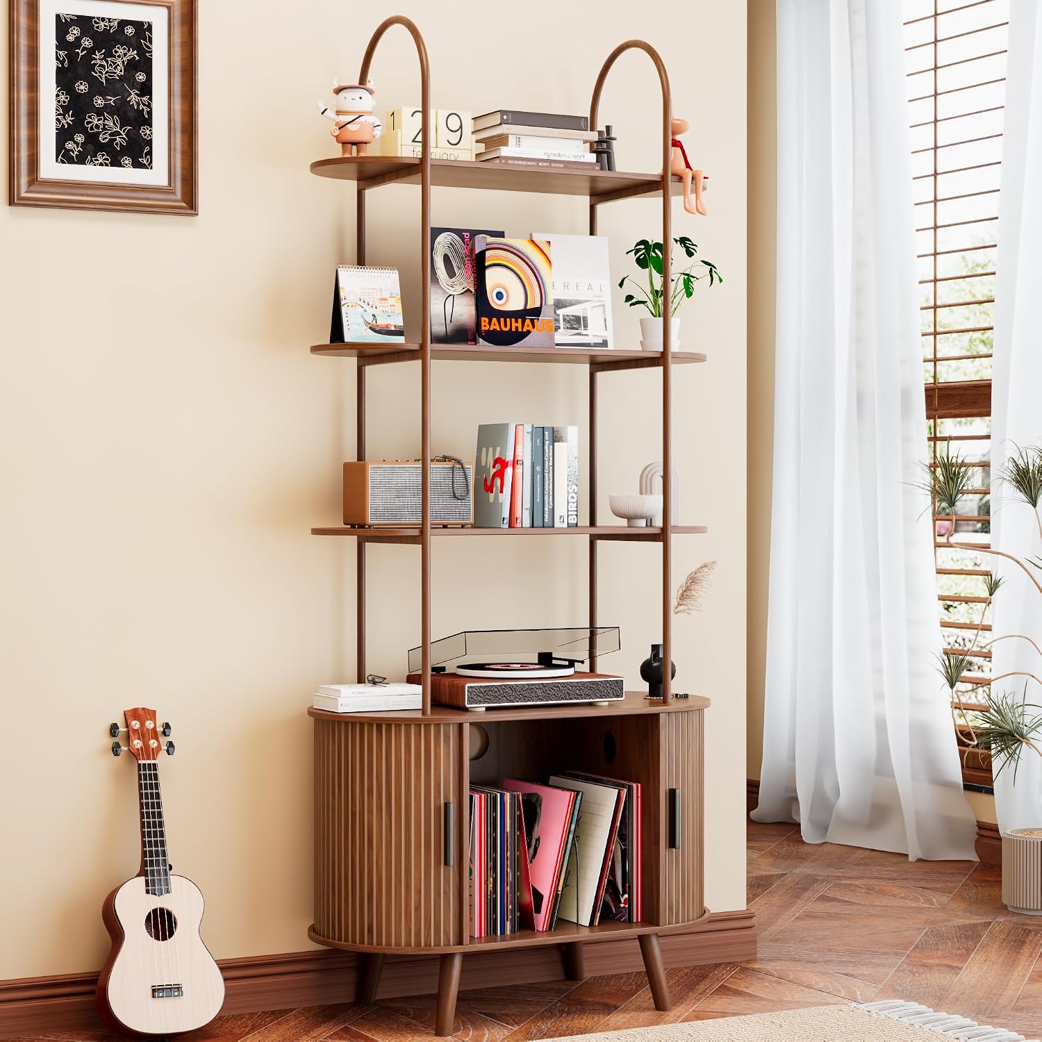 Tall Vinyl Record Player Stand, 4 Tier Arched Bookshelf with Sliding Doors, Retro Small Record Storage Cabinet, Fluted Media Display Shelf, Mid Century Modern Turntable Stand for Living Room, Walnut